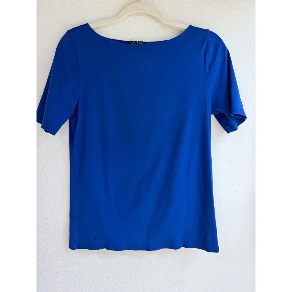 Lauren Ralph Lauren Women's L Blue Solid Boat Neck Short Sleeve Knit T-Shirt